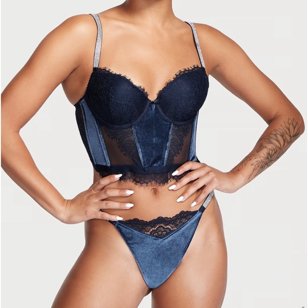 Victorias Secret ANGELS Lace & Velvet Shine Strap Rhinestone V-String thong navy - Picture 7 of 11
